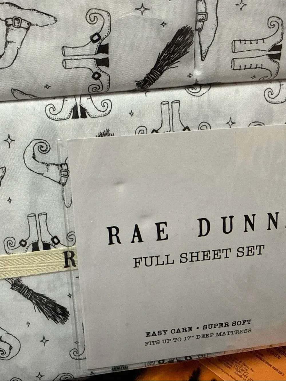 Rae Dunn White Full Sheet Set with Witch Hat & Broom Sketches